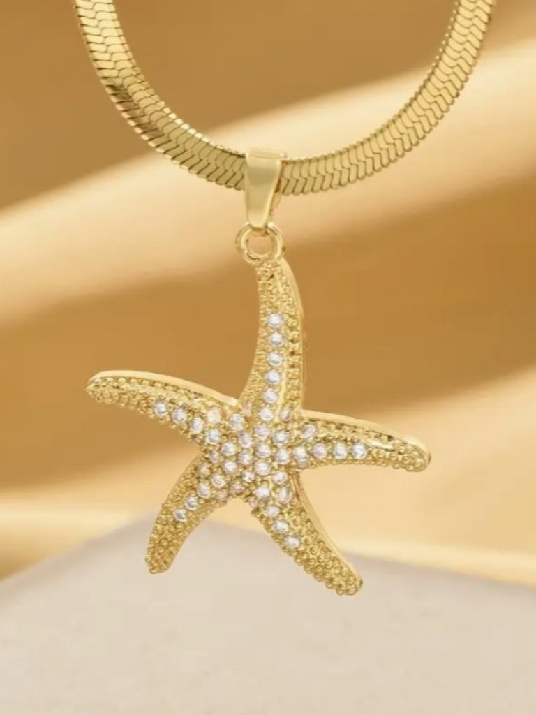 Gold Plated Stainless Steel Flat Chain Cubic Synthetic Zirconia Starfish Pendant